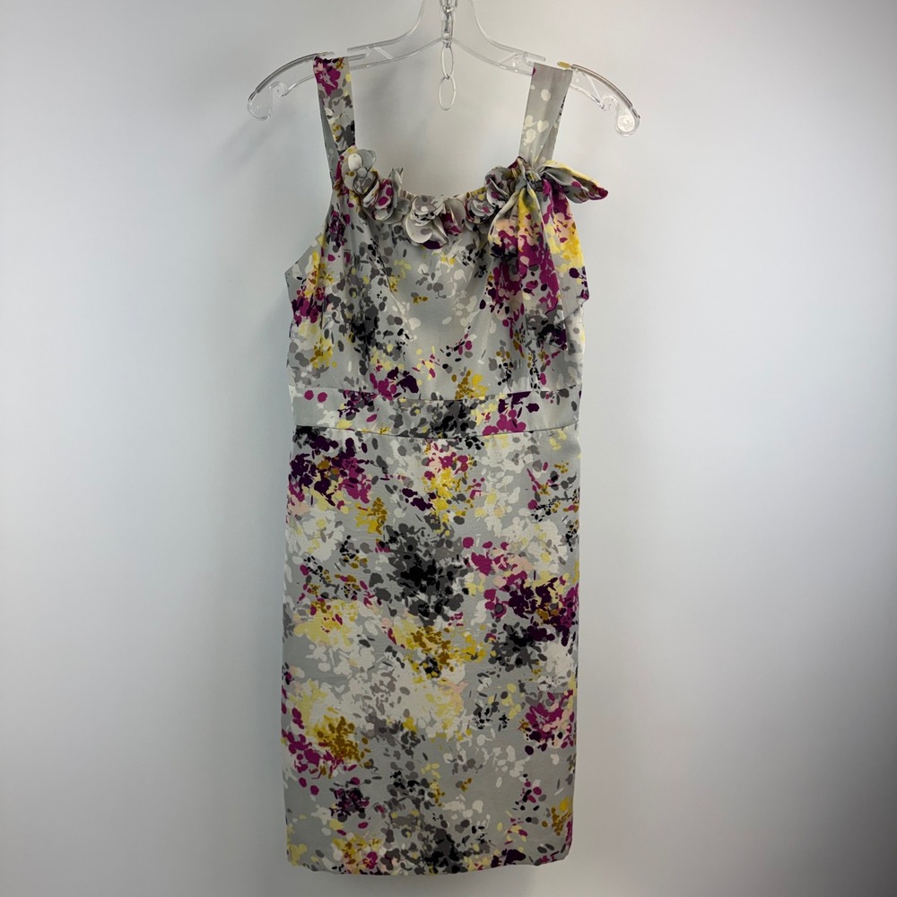 Ann Taylor LOFT Floral Rosette Sheath Dress Grey Purple Yellow Size 0